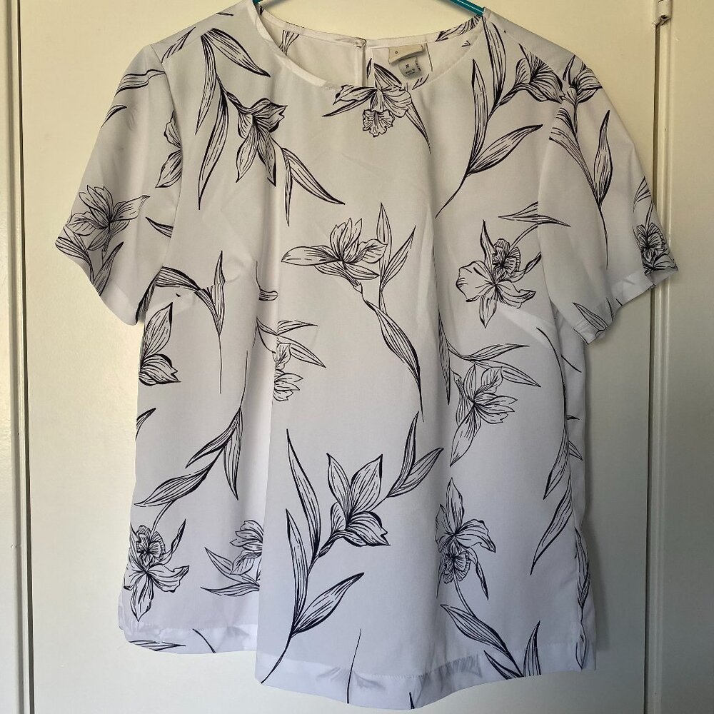 "A New Day" White Blouse with Black Floral Print
